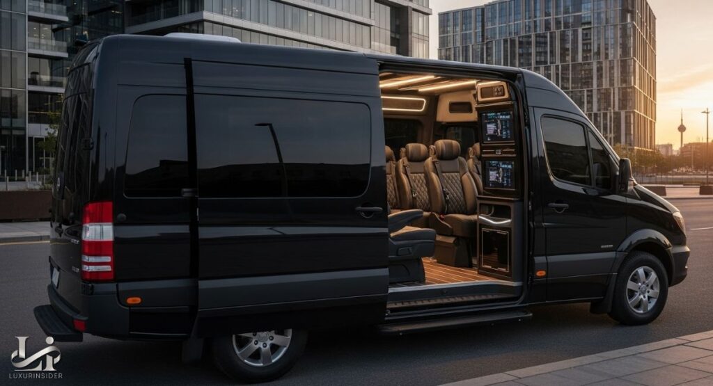 An interior shot of a 12-passenger Mercedes-Benz Sprinter van, showcasing its luxurious and spacious cabin. The van features multiple rows of comfortable seating with headrests, ample legroom, and a large cargo space behind the last row for luggage. The image highlights the vehicle's high-end appeal for group travel.