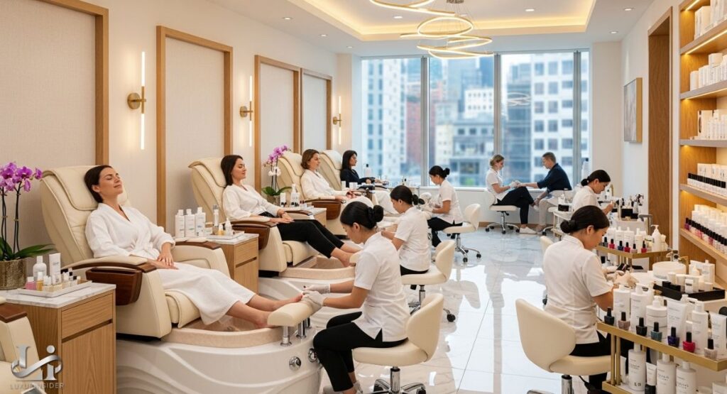 A spacious, bright, and luxurious spa interior. The space is divided into a pedicure area with plush, elevated chairs, and a manicure area with individual stations. Several clients are relaxing in white robes while technicians perform services. The room features large windows with a cityscape view and shelving units stocked with beauty products.