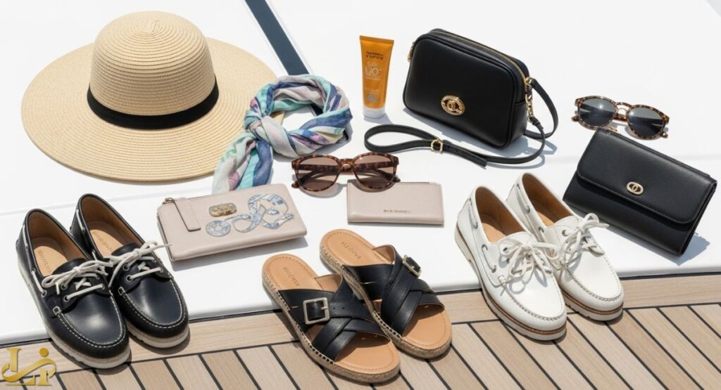 A flat lay of stylish yacht celebration accessories, including a wide-brimmed straw hat, a silk scarf, sunglasses, various leather boat shoes and sandals, a black shoulder bag, clutches, and sunscreen, all arranged on a white and teak yacht deck.