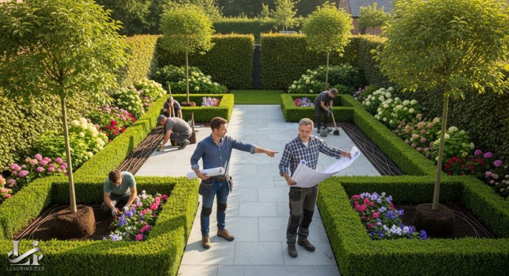 A team of professional landscapers is working on a meticulously designed formal garden. In the foreground, two men with blueprints discuss the project, while others are planting, digging, and maintaining the symmetrical hedges and colorful flower beds.