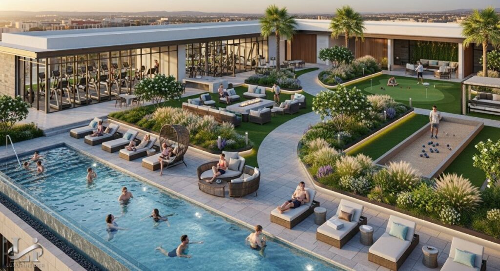 Describing a variety of appealing amenities typically found in a luxury apartment complex or hotel. This would likely include a fitness center, a swimming pool, and a communal lounge or social area.