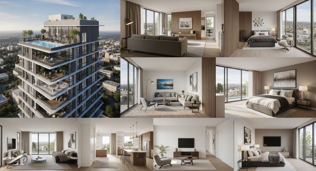 A collage of seven images highlighting the exterior and interior amenities of a modern luxury apartment building. The top-left image shows the building's exterior with a rooftop pool. The other images showcase the clean, spacious, and well-lit interiors of the apartments, featuring open-plan living areas, floor-to-ceiling windows, and contemporary bedroom designs.