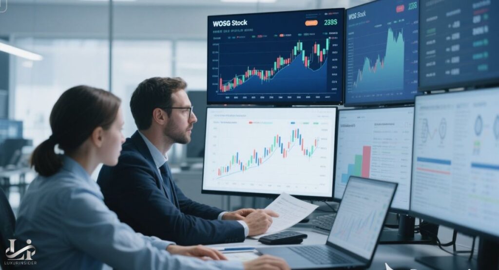 A corporate graphic titled "ANALYST & EXPERT OPINIONS: SPARKS' TAKE ON WOSG STOCK." The image visually represents a stock analysis, highlighting a "Moderate Buy" consensus rating, a median 12-month price target of 425.00 GBp, and a potential upside of nearly 20%.