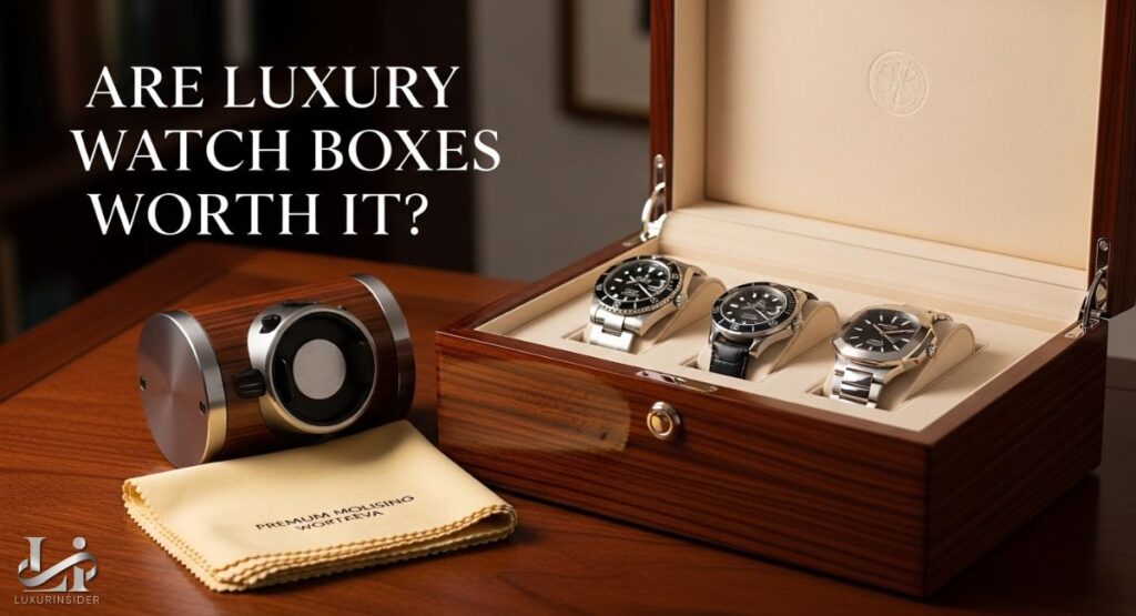 A high-quality image of an open, polished wooden watch box with a soft, protective interior. Inside, three luxury watches are displayed neatly on cushions. The box is sitting on a rich, dark wood table next to a watch winder and a polishing cloth. The text "ARE LUXURY WATCH BOXES WORTH IT?" is superimposed on the image.