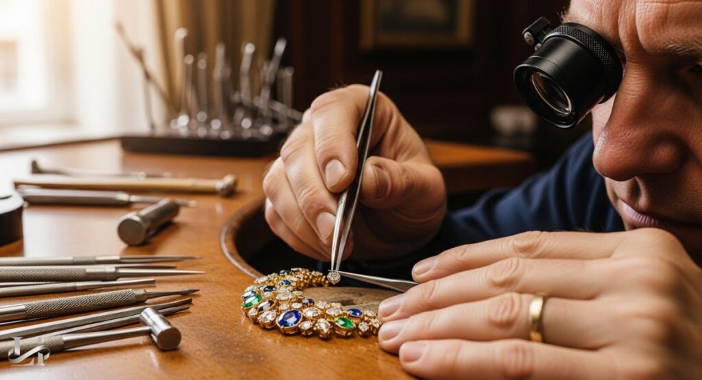 A close-up, focused photograph of a jeweler or artisan wearing a magnifying loupe. The person is using tweezers to meticulously place a small diamond into a gold and gemstone-encrusted bracelet on a workbench filled with various crafting tools.
