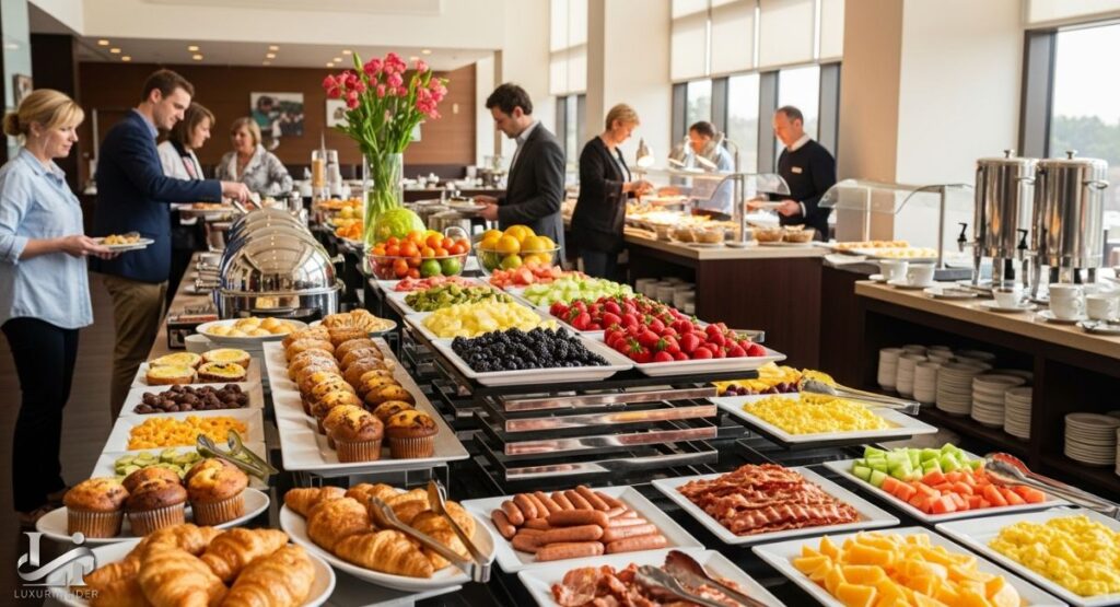 A lavish buffet is spread out in a modern, well-lit restaurant. The long table is filled with a vibrant array of food in stainless steel chafing dishes and decorative platters. The offerings include a variety of fresh fruit and berries, pastries, muffins, sausages, bacon, and scrambled eggs. A floral centerpiece adds a pop of color.