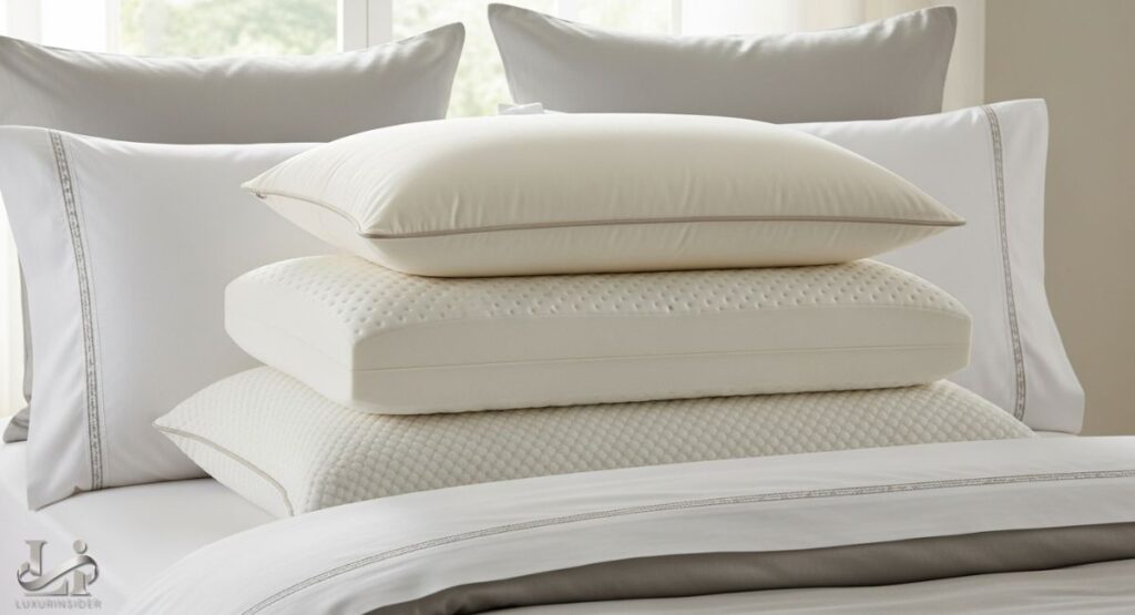 A close-up, stack of three pillows on a bed. The pillows are in different textures and shades of white, cream, and gray, with a cream-colored pillow on top, a textured white one in the middle, and another white one at the bottom. The bottom of the stack is white bedding with gray borders.