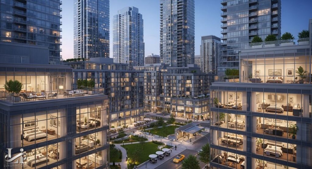 An exterior view of a large, modern luxury apartment complex in a downtown city setting, possibly Atlanta. The complex consists of multiple buildings with a central courtyard and visible balconies. The large windows reveal the well-lit, contemporary interiors of the apartments. The skyline of other high-rise buildings is visible in the background.