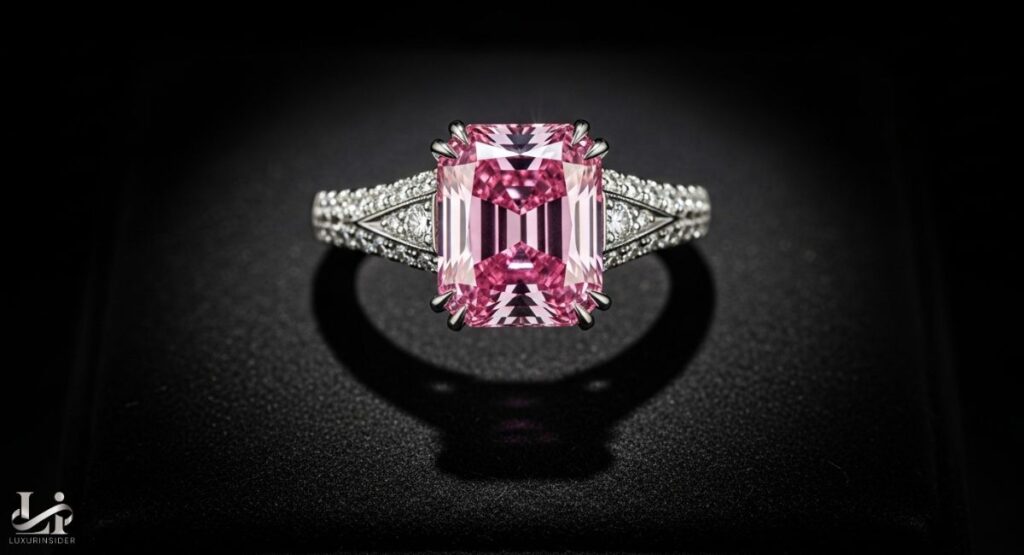 A detailed, close-up photograph of a luxury jewellery ring featuring a large, emerald-cut pink diamond as the centerpiece. The ring's white metal band is adorned with pavé-set white diamonds, which also surround the central stone. The ring is displayed on a dark surface.
