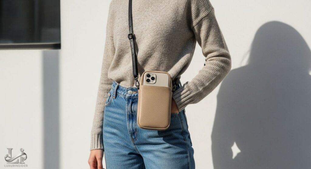 A close-up photograph of a woman wearing a small, tan-colored leather crossbody bag designed to hold a cell phone. She is wearing a light-colored sweater and jeans, and her hands are free, highlighting the practicality of the bag.