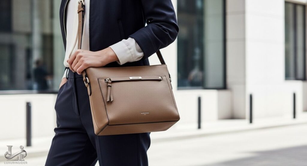 A close-up studio shot of a person wearing a small, black structured crossbody purse. The bag has a minimalist design with a front flap and a prominent round gold-toned clasp. It is worn with a thin gold-toned chain strap over a white blouse.