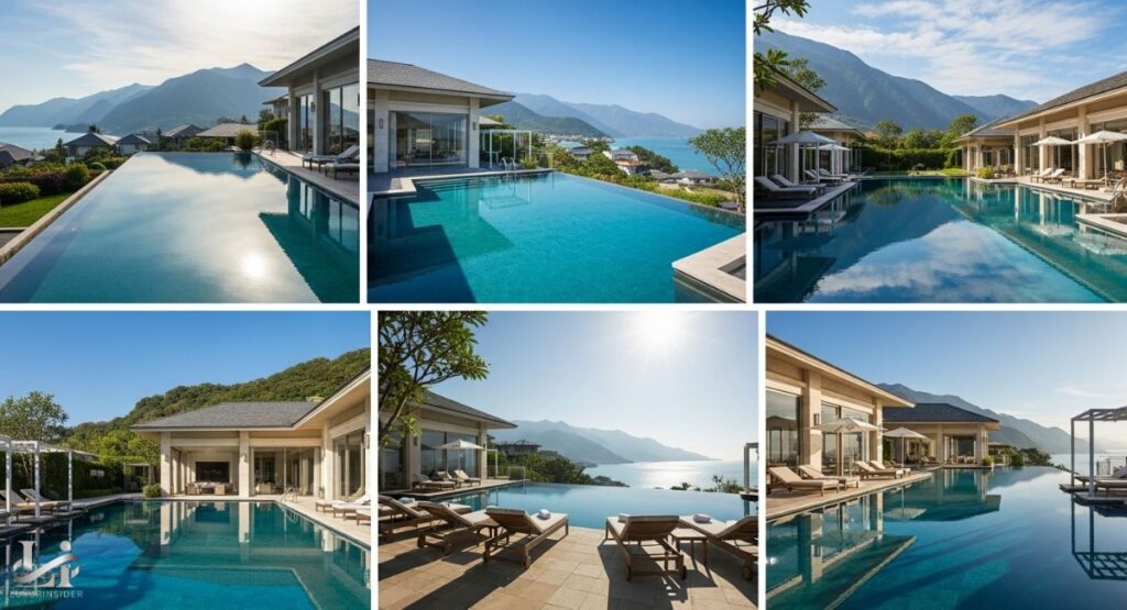 A flat lay photograph featuring a white handbag, a pair of sunglasses, a camera, a smartphone, a stack of cards, and a cocktail. The items are arranged on a table with a round, woven placemat, conveying a theme of stylish, tropical luxury travel.