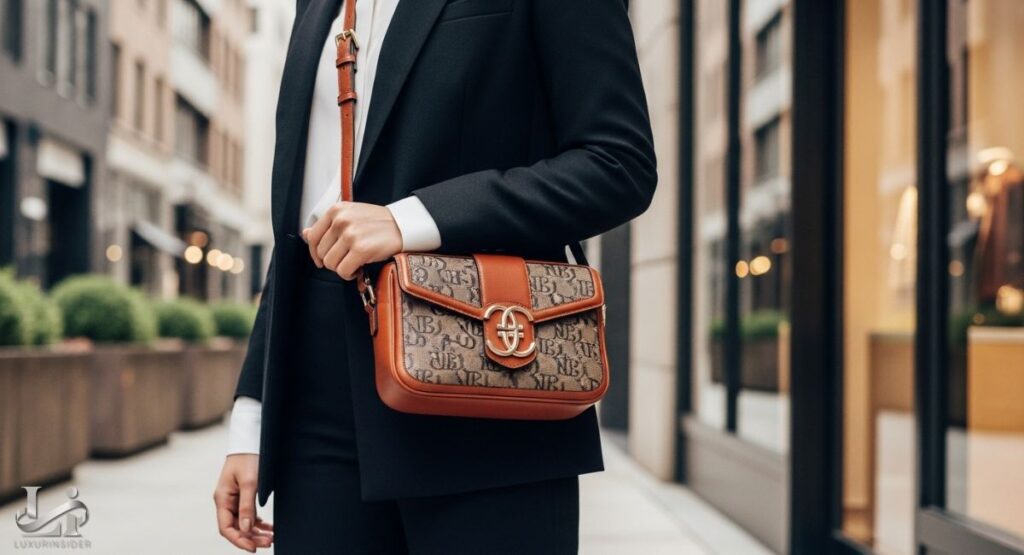 A street-style photograph of a person wearing a black blazer and a brown and tan designer crossbody bag. The bag features a patterned canvas, a prominent gold-toned interlocking logo clasp, and a leather shoulder strap.