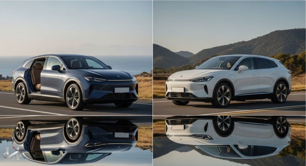 A split photograph showing two luxury electric SUVs on a scenic mountain road overlooking the water. On the left, a blue SUV is parked with its rear door open, and on the right, a white SUV is shown from the front.