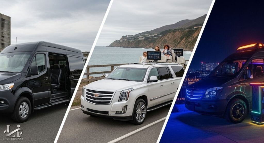 A three-panel composite image showcasing luxury vehicles for various occasions. The left panel features a black Mercedes-Benz Sprinter van with its side door open, revealing its spacious interior.