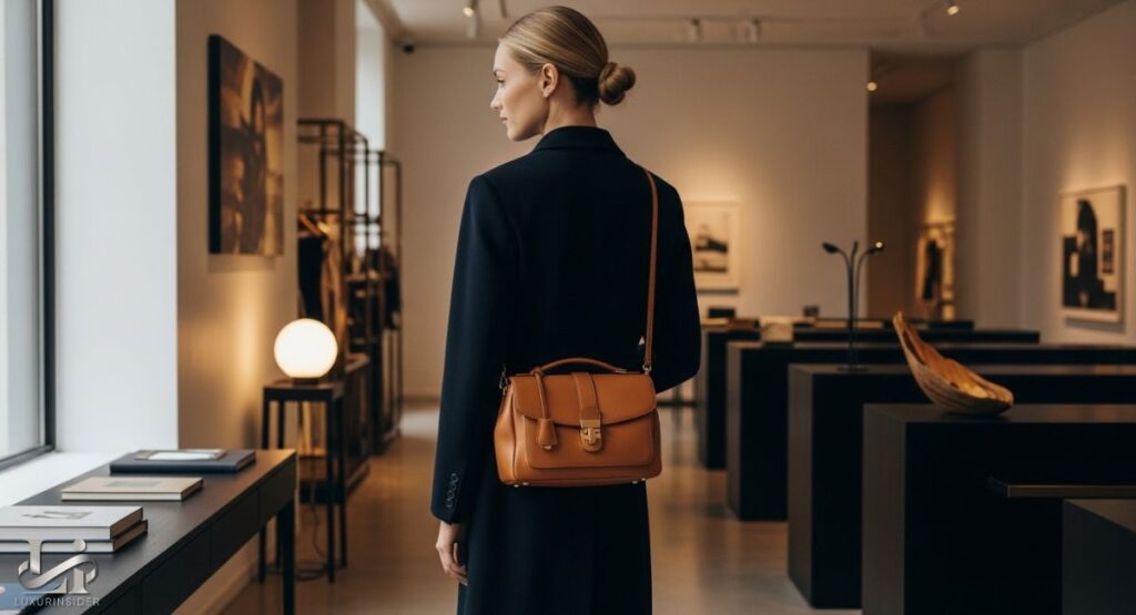 A studio photograph showing a person wearing a small, black quilted leather crossbody bag with a gold-toned chain strap. The bag features a prominent metal logo on the front and is worn over a simple black top.