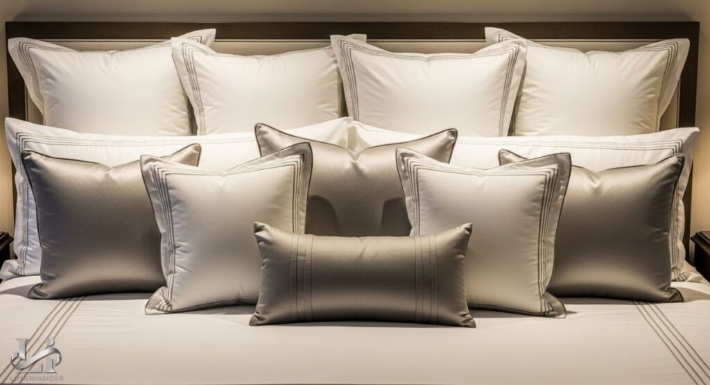 A close-up view of a perfectly made bed with layers of luxury pillows. The pillows are in various sizes and shades of white and gray, some with detailed embroidery. The bedding is also white, with subtle gray stripes.