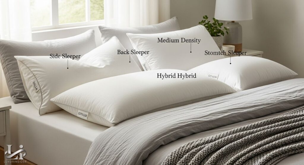 A collection of different luxury pillows on a bed, labeled to indicate their intended use. The pillows are labeled for a Side Sleeper, Back Sleeper, and Stomach Sleeper, as well as a Medium Density and Hybrid Hybrid pillow.