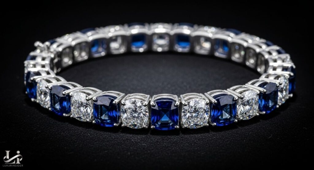 A detailed, close-up photograph of a luxury bangle. The piece is crafted from a white metal and features a series of large, alternating blue sapphires and brilliant white diamonds. The bangle is displayed on a dark surface.