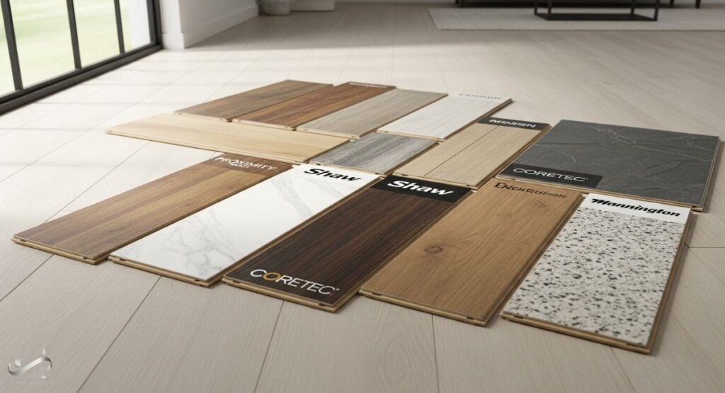 The samples are fanned out on a light wood floor, showcasing a wide range of styles and finishes, from different wood grain colors and textures to a stone-look pattern.