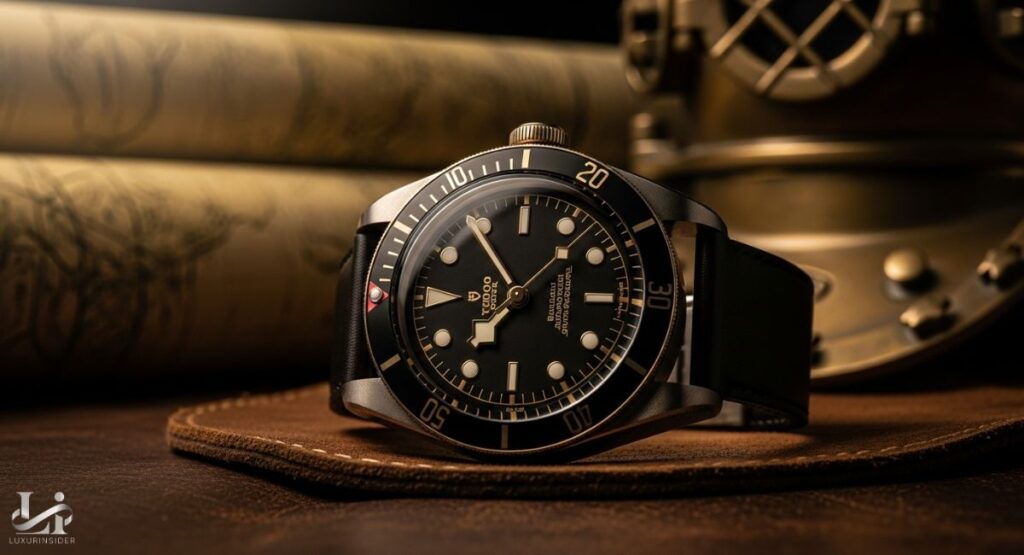 A professional close-up photograph of a Tudor Black Bay watch with a prominent, oversized winding crown. The watch, with a black bezel and dial, is displayed on a brown leather surface alongside vintage nautical props, including old scrolls and a brass diving helmet.