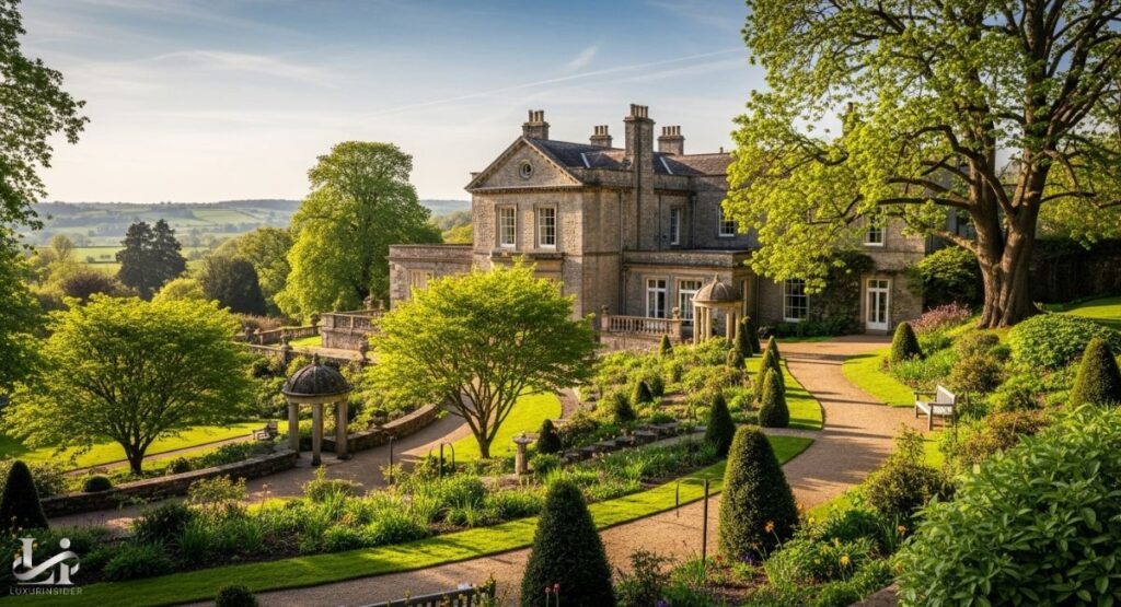 Luxury Escapes : A photograph of Billesley Manor Hotel & Spa, a historic, ivy-covered Elizabethan manor house. The hotel is surrounded by an extensive, well-manicured topiary garden shaped into a chessboard pattern.