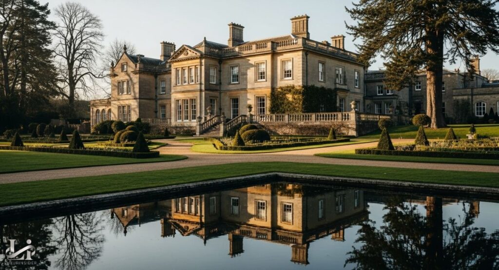 A photograph of Boringdon Hall, a historic stone manor house with a stately facade and a grand staircase. The elegant building is reflected in a calm body of water in the foreground and is surrounded by manicured lawns and trees.