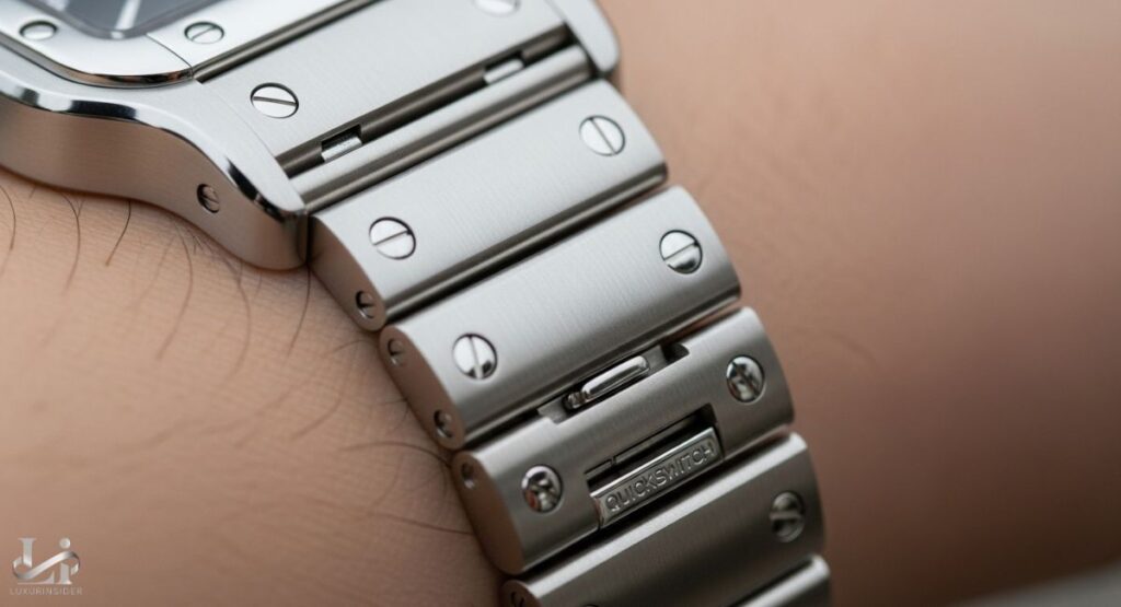 A close-up, angled photograph of a stainless steel watch bracelet on a person's wrist. The focus is on the bracelet's links and a section of the clasp, which is engraved with the word "QUICKSWITCH," indicating a quick-release mechanism.