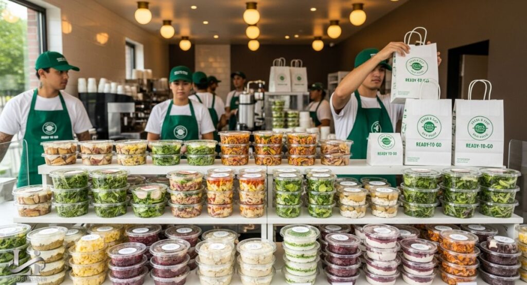 A counter at a restaurant is filled with a large selection of pre-packaged, ready-to-go meals in clear plastic containers. The containers are stacked on white shelves, showing different types of salads, grain bowls, and other healthy food options. In the background, staff members in green aprons and hats are working, and one is holding a paper bag with "READY-TO-GO" written on it.