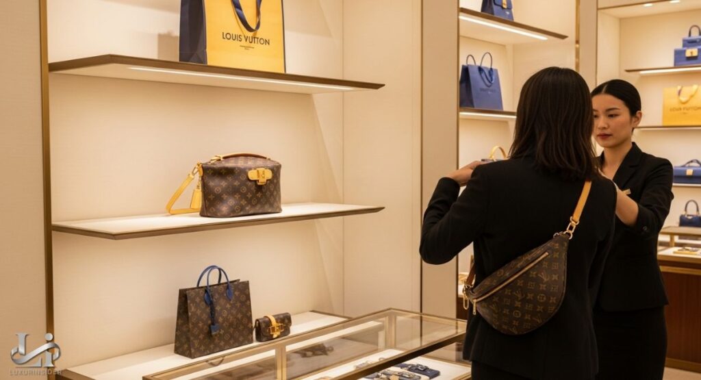 A Louis Vuitton store interior where a sales associate is assisting a customer trying on a Monogram Bumbag worn across her body, with other LV bags displayed on shelves.