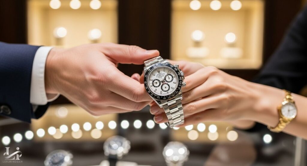 A close-up photograph showing a Rolex Panda Daytona being handed from one person's hand to another's. The watch features a white dial with black sub-dials and a stainless steel bracelet. The background is a blurred, warm-lit interior of a luxury jewelry store.