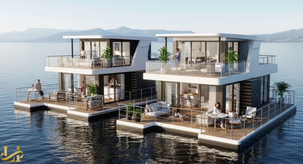 An aerial view of two luxurious, modern, multi-story floating homes (yacht houses) on calm water. The homes have spacious decks with outdoor furniture and glass railings, and people are visible relaxing, dining, and standing on the various levels and decks. Mountains are visible in the background.