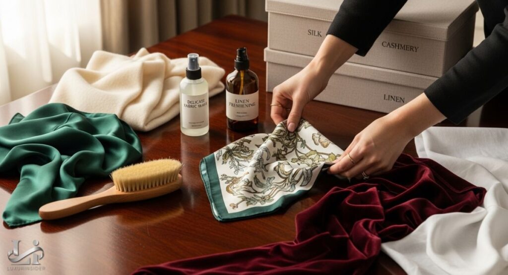 A flat-lay photo of various luxury fabric swatches and care products on a wooden table. The items include swatches of green silk, burgundy velvet, and white wool, as well as a lint brush and spray bottles of "Delicate Fabric Wash" and "Linen Freshening." In the background, three storage boxes are labeled "SILK," "CASHMERE," and "LINEN.