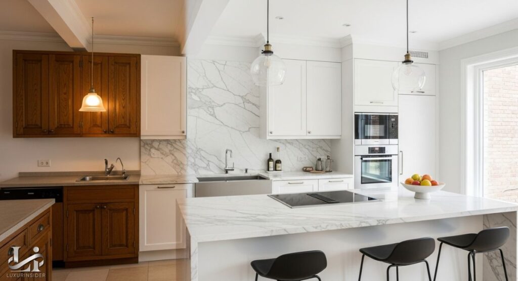 A side-by-side view of a kitchen showing a renovation in progress. The left side shows an older section with brown wooden cabinets, while the right side shows the newly renovated section with sleek white cabinets and a marble backsplash and island. The new section has a modern stovetop and built-in appliances.
