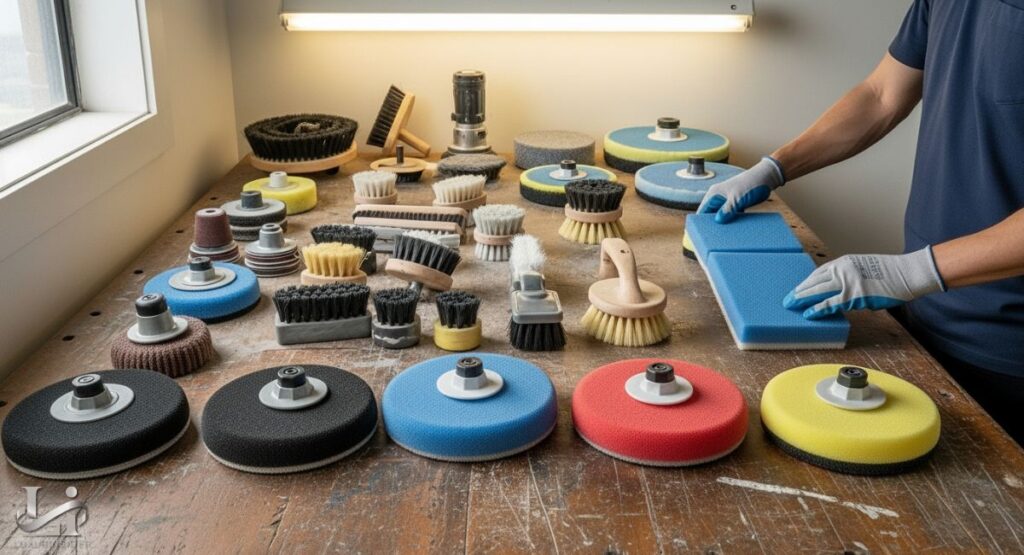 A person wearing work gloves is standing behind a large, rustic wooden workbench, which is covered with a wide variety of floor polishing and buffing pads and brushes. The items are arranged neatly and include round pads of various colors (red, blue, yellow) and textures, as well as an assortment of bristle brushes.