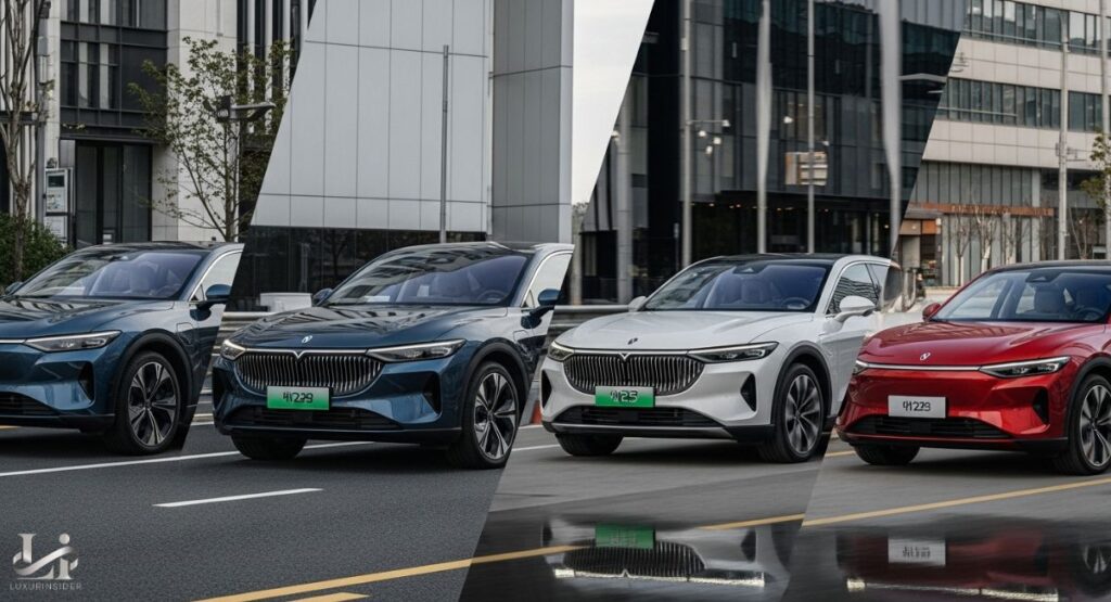 A professional split photograph showing four luxury electric SUVs on a city street. The left side shows two dark blue SUVs, and the right shows a white and a red SUV, all with a modern city backdrop.