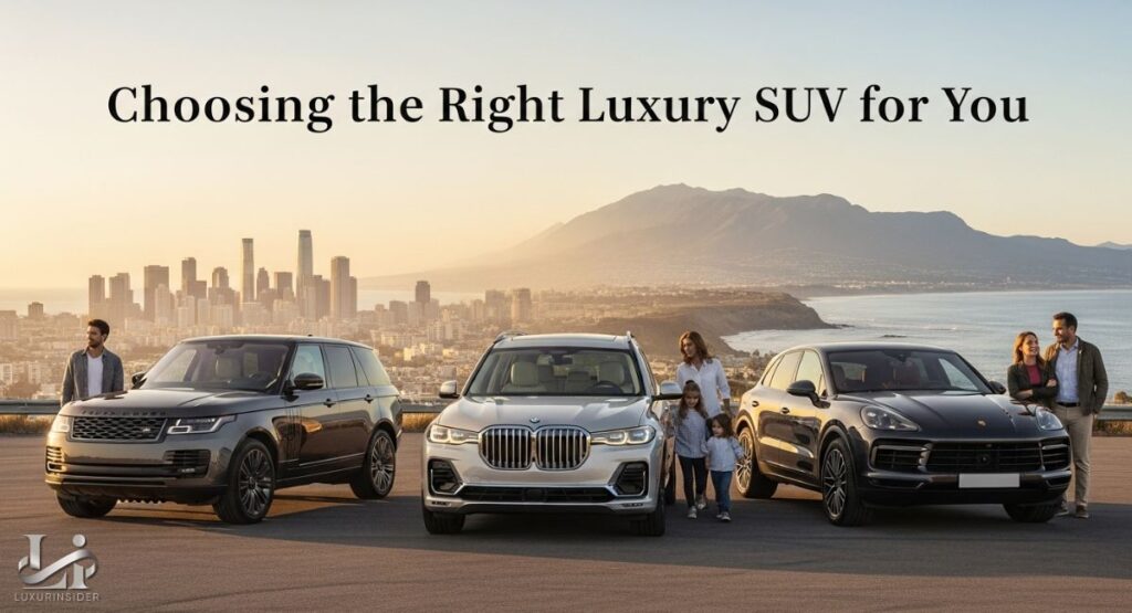 Three distinct luxury SUVs—a dark-colored Range Rover, a white BMW X7, and a black Porsche Cayenne—are parked on an overlook with a city skyline and ocean in the background. A man and woman stand next to the Range Rover, a family with two young children is next to the BMW, and a couple is next to the Porsche, visually representing how different luxury SUVs can be chosen to match various lifestyles and needs.
