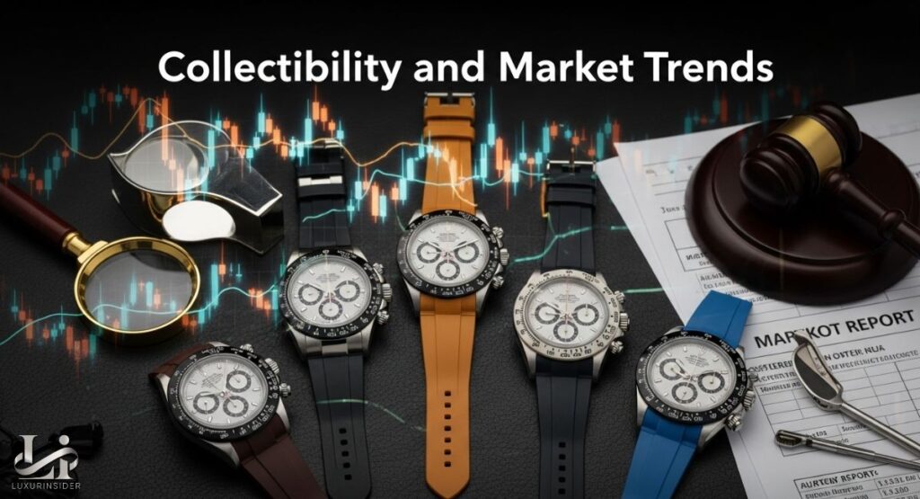A composite image showing a collection of highly collectible luxury watches. The watches are displayed in a clean, professional setting, with digital graphs and charts superimposed to illustrate their market value and trends over time.