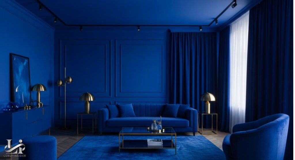 The interior of a modern living room is shown in a monochromatic blue color scheme, a design trend known as "color drenching." The walls, sofa, curtains, and even the rug are different shades of royal and navy blue. The room features a velvet sofa, a glass coffee table, gold-toned lamps, and track lighting on the ceiling. The design creates a bold and immersive aesthetic.