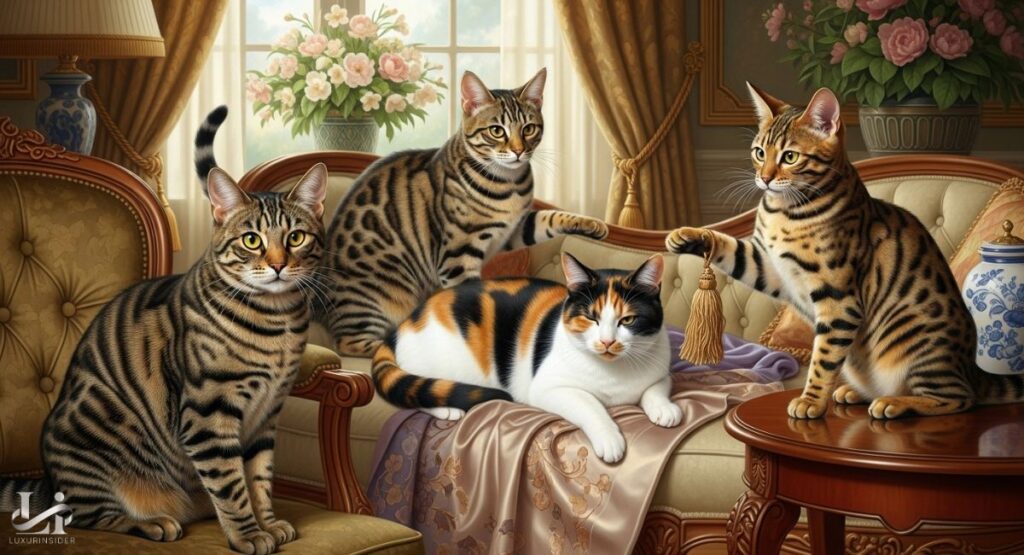 A high-angle, wide shot of four distinctively patterned cats posed in a luxurious, antique-style living room. The cats are positioned on and around a plush, ornate armchair. The group includes two large striped tabby cats, a calico cat with large patches of black, white, and orange fur, and a spotted tabby. The cat on the small table on the right is playfully batting at a decorative tassel. The background shows a window with heavy drapes, a floral arrangement, and other elegant furniture.