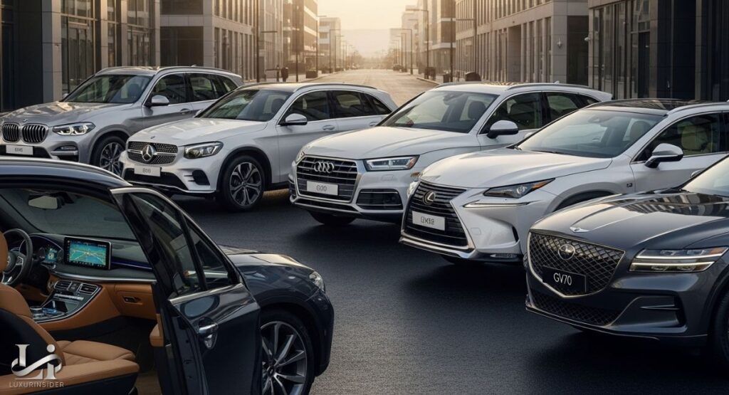 A collection of several compact and mid-size luxury SUVs from different brands, including a BMW X3, a Mercedes-Benz GLC, an Audi Q5, a Lexus NX, and a Genesis GV70. The vehicles are arranged dynamically on a city street, with one car's door open to reveal a luxurious interior. The surrounding modern architecture and warm, golden lighting create a sophisticated atmosphere, highlighting the stylish design of each SUV.