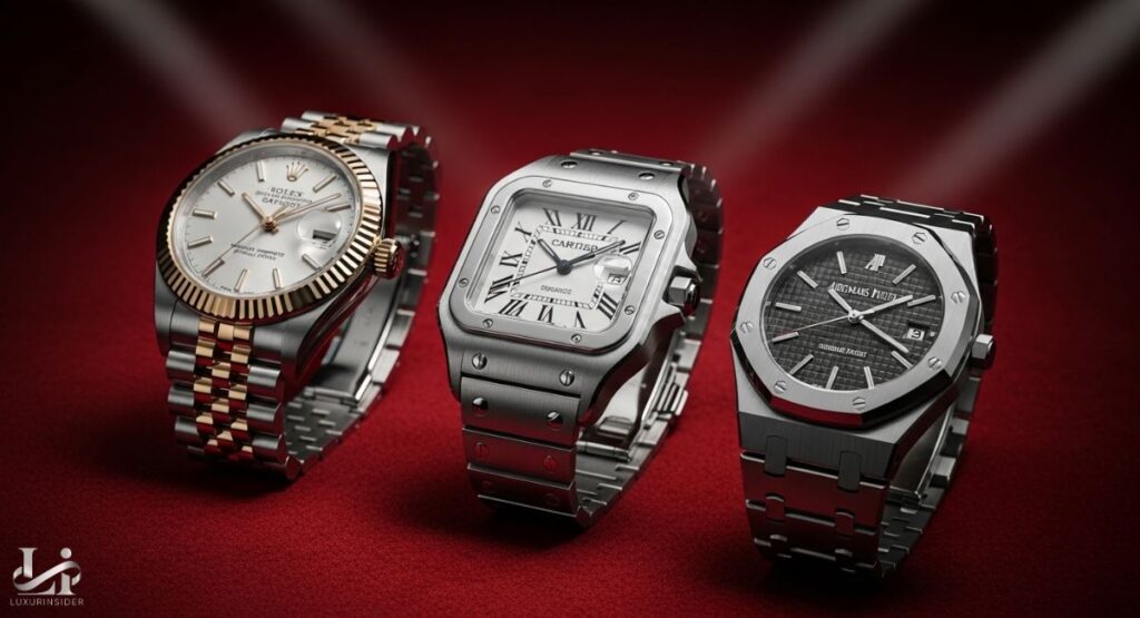 professional photograph showcasing three luxury sport watches on a red surface: a two-tone Rolex Datejust, a stainless steel Cartier Santos with a white dial, and a stainless steel Audemars Piguet Royal Oak with a black "tapisserie" dial.