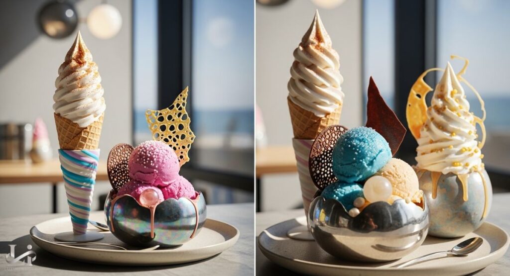 A side-by-side photo of two plates, each holding a different gourmet ice cream dessert. One features a soft-serve cone next to a bowl of pink ice cream with a holographic metallic surface. The other features a soft-serve cone and a bowl with blue and tan scoops. Both desserts are topped with elaborate decorations.