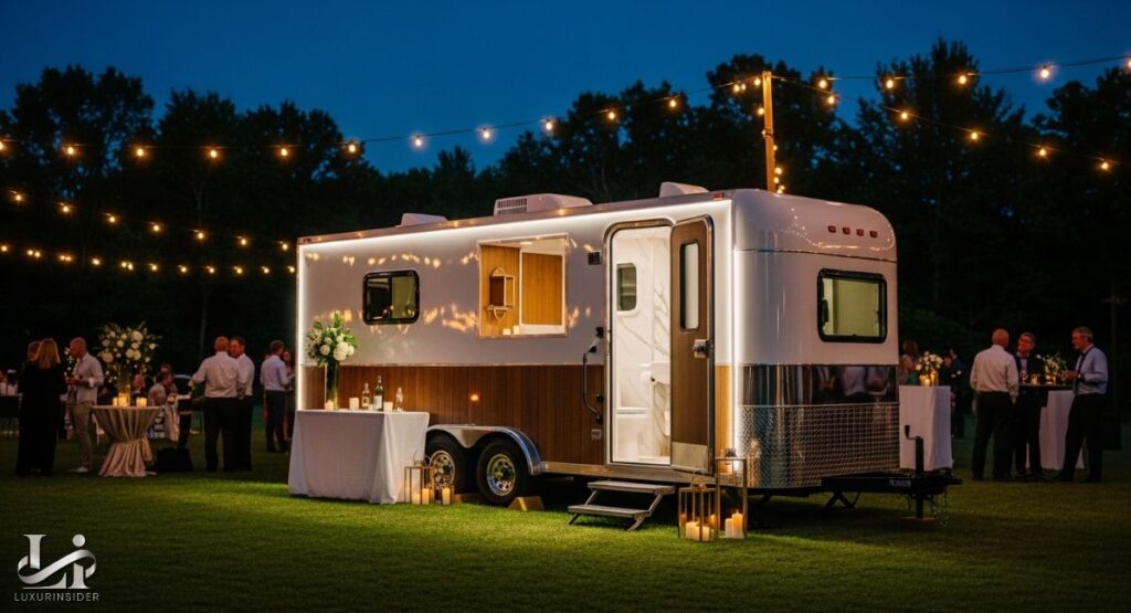 A luxury restroom trailer is shown at an outdoor evening event. The trailer is a modern, sleek white unit with a wood-paneled section and is illuminated by bright LED lights. It has a service window that appears to be a bar. In the background, formally dressed guests are socializing under string lights on a grassy field, highlighting the trailer's role in a high-end social event.