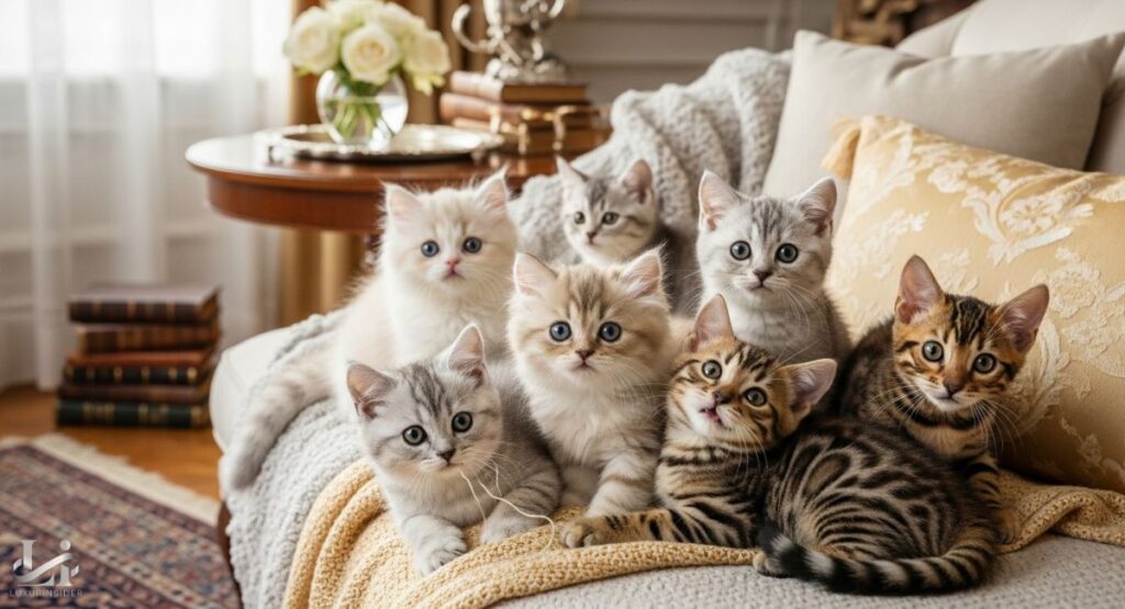 A high-angle, wide shot of a group of seven fluffy kittens of different breeds and colors huddled together on a plush couch. The kittens include a variety of white, gray, cream, and brown tabbies, all looking toward the camera. They are arranged on a couch with a decorative pillow and a soft, patterned blanket. In the background, there is an elegant side table with a vase of flowers and a stack of books, creating a luxurious and inviting home setting.