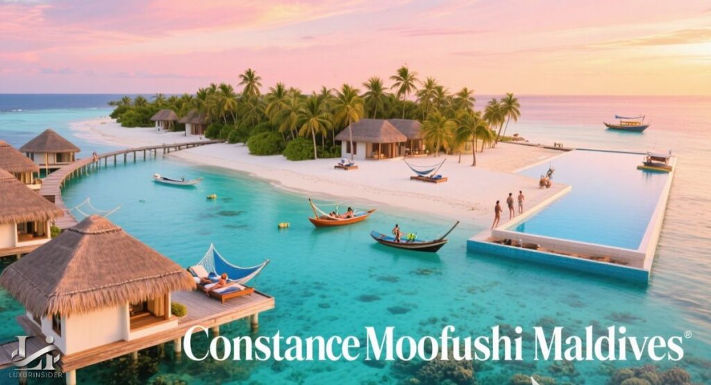 A picturesque aerial view of Constance Moofushi Maldives resort at sunset. The image shows a serene white-sand beach lined with palm trees and luxurious thatched-roof bungalows. A long wooden pier with additional bungalows extends into the turquoise lagoon.