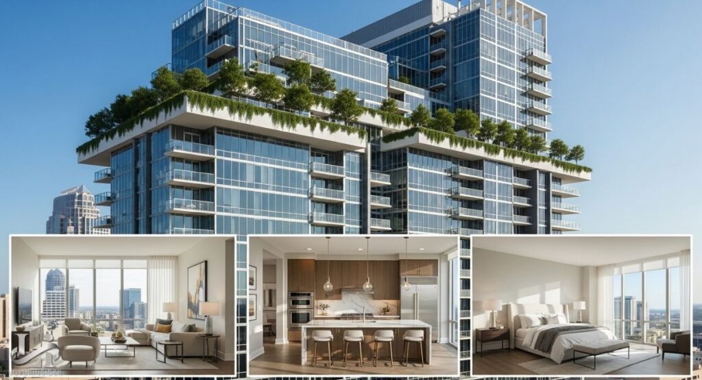 A collage of a modern luxury high-rise apartment building and its interiors. The top image shows the building's facade, with large windows and balconies, and a rooftop with green space. The bottom three panels show different rooms in a unit: a living room with a city view, a modern kitchen with a large island, and a bedroom with floor-to-ceiling windows.