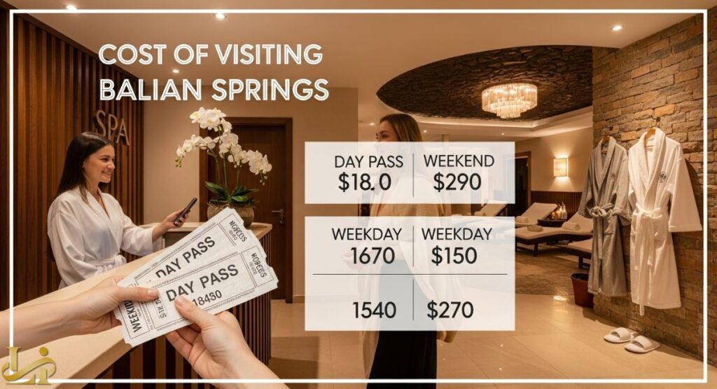 An image showing the interior of Balian Springs Spa reception with a price list overlay for Day Pass and Weekend access, alongside a spa attendant and bathrobes.