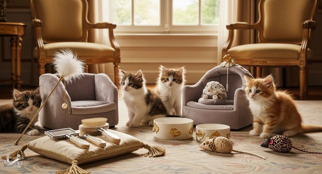 A wide-angle shot of five luxury kittens of various colors playing on a patterned rug in an elegant room. The kittens are surrounded by miniature, luxury pet accessories, including two small upholstered chairs, two decorative bowls, a set of grooming brushes on a tasseled pillow, and several toy mice. The background shows two ornate armchairs and a large window, suggesting a high-end interior.