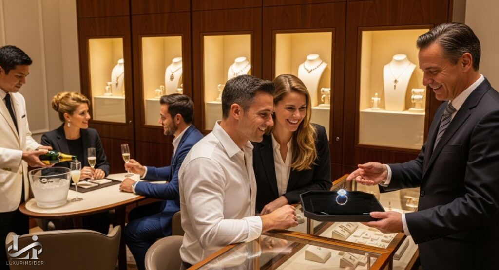 A well-dressed couple smiles as a sales associate in a suit presents a sparkling blue sapphire ring on a black tray inside a luxury jewelry store. In the background, another couple sits at a table with champagne flutes while a waiter pours a drink, suggesting a personalized and celebratory customer experience.